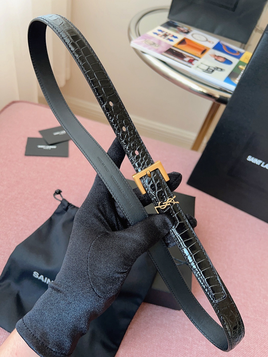 SAINT LAURENT Slim Croc-Embossed Monogram Leather Belt 생로랑 슬림 크로커 엠보 모노그램 가죽 벨트 브론즈 4