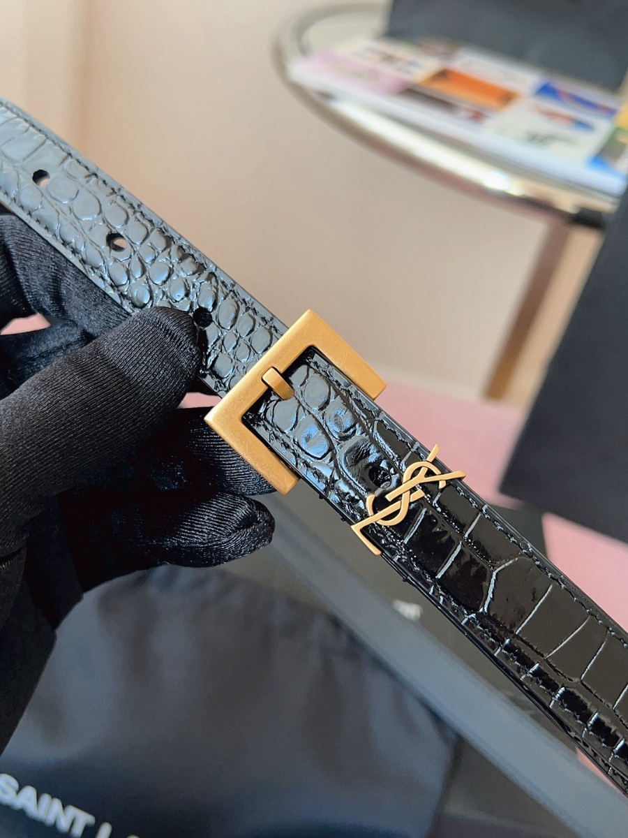 SAINT LAURENT Slim Croc-Embossed Monogram Leather Belt 생로랑 슬림 크로커 엠보 모노그램 가죽 벨트 브론즈 5