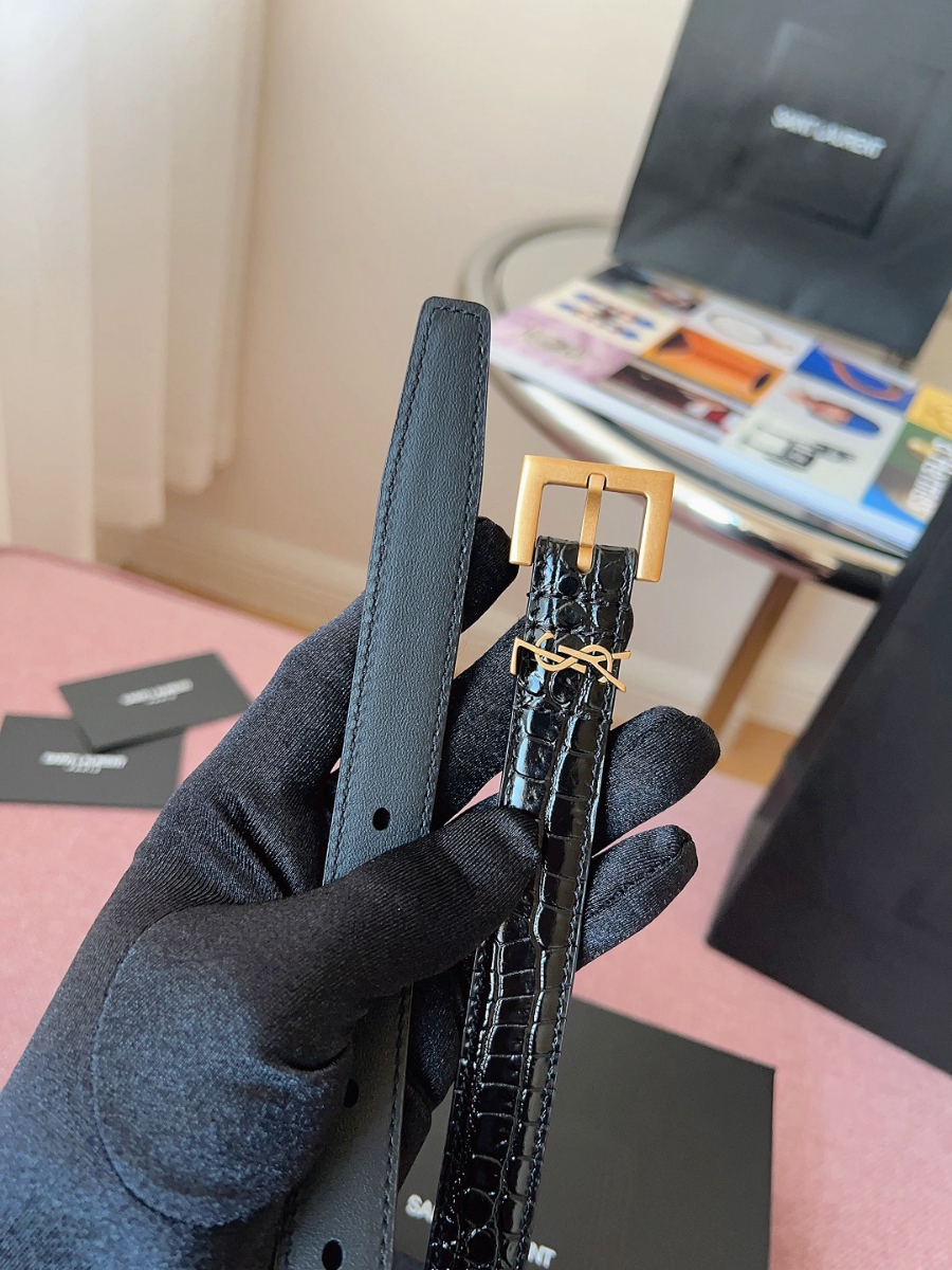 SAINT LAURENT Slim Croc-Embossed Monogram Leather Belt 생로랑 슬림 크로커 엠보 모노그램 가죽 벨트 브론즈 6