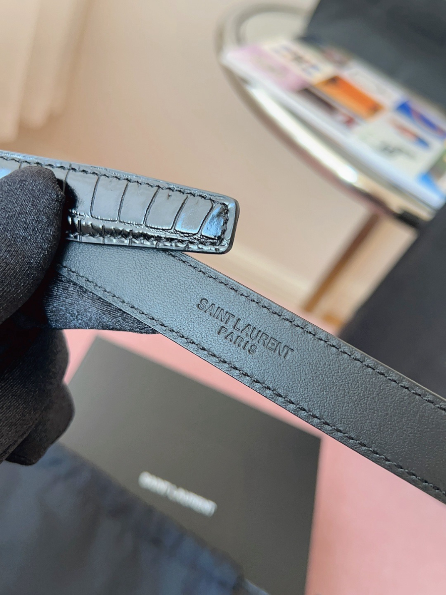 SAINT LAURENT Slim Croc-Embossed Monogram Leather Belt 생로랑 슬림 크로커 엠보 모노그램 가죽 벨트 브론즈 7