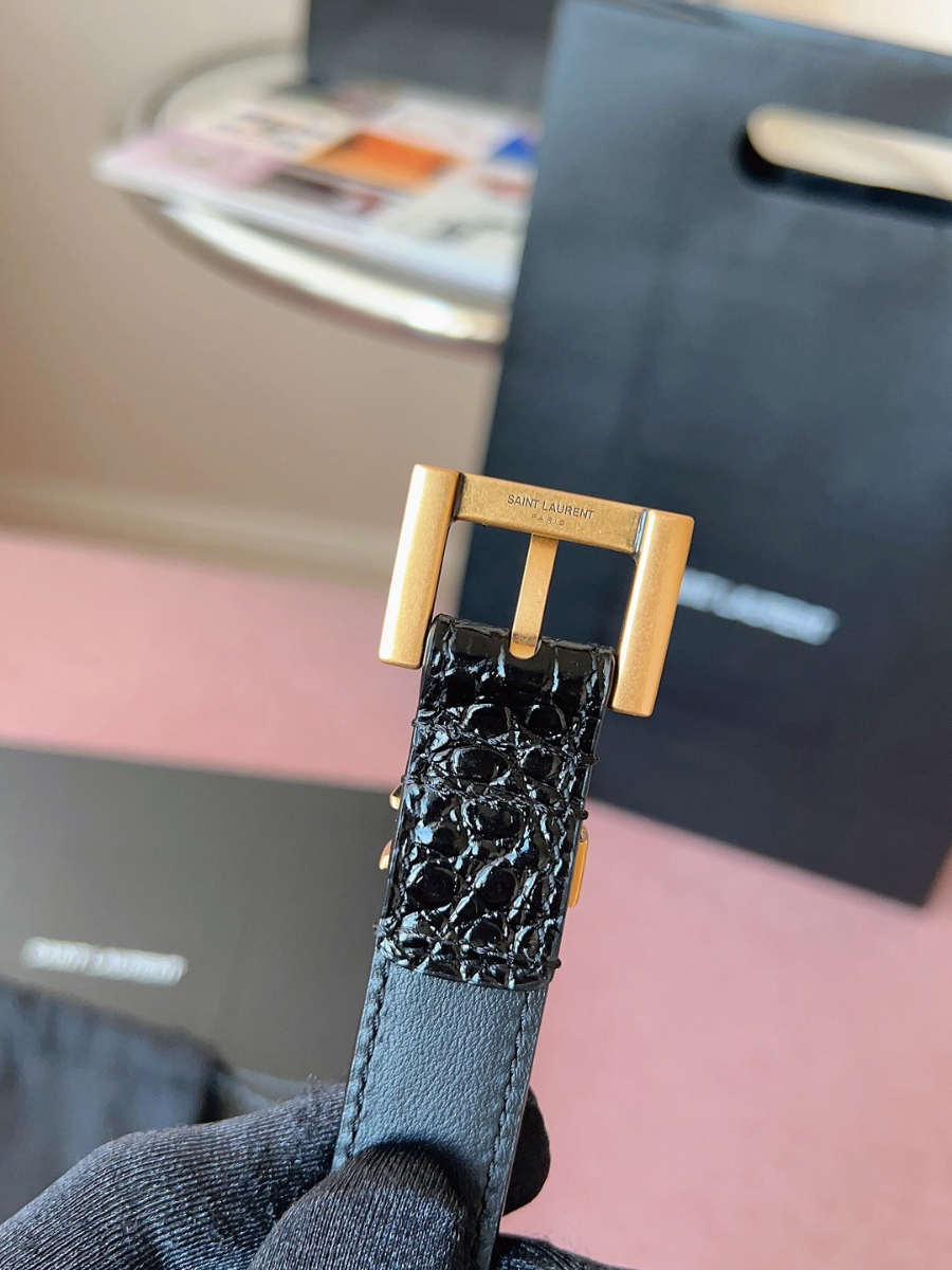 SAINT LAURENT Slim Croc-Embossed Monogram Leather Belt 생로랑 슬림 크로커 엠보 모노그램 가죽 벨트 브론즈 8