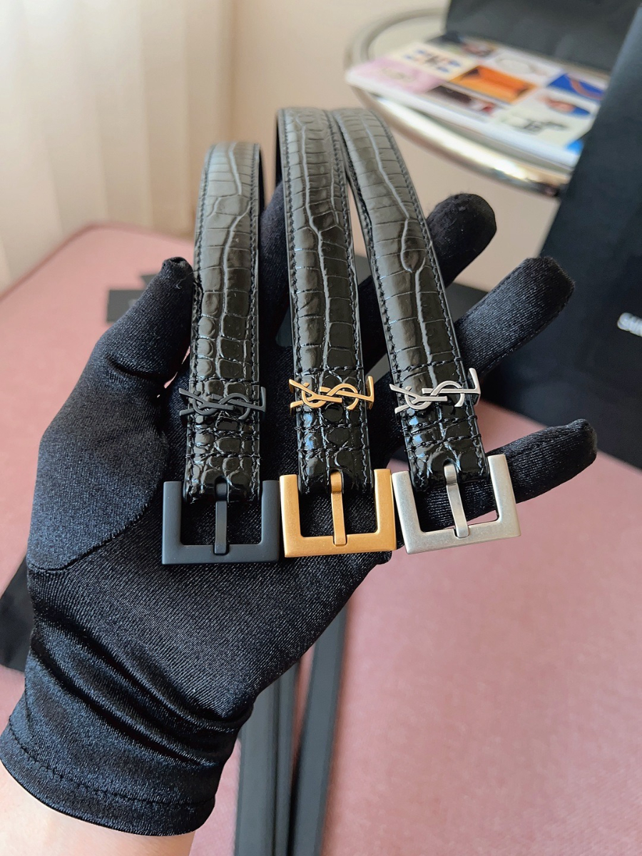 SAINT LAURENT Slim Croc-Embossed Monogram Leather Belt 생로랑 슬림 크로커 엠보 모노그램 가죽 벨트 브론즈 9