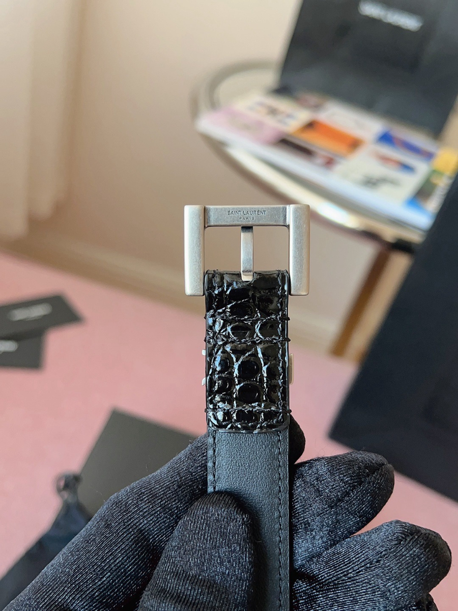 SAINT LAURENT Slim Croc-Embossed Monogram Leather Belt 생로랑 슬림 크로커 엠보 모노그램 가죽 벨트 실버 8