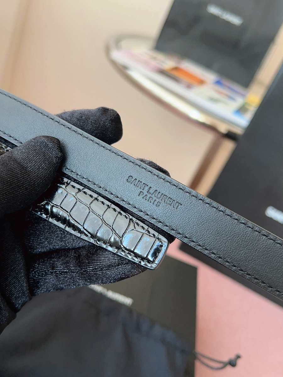 SAINT LAURENT Slim Croc-Embossed Monogram Leather Belt 생로랑 슬림 크로커 엠보 모노그램 가죽 벨트 블랙 8