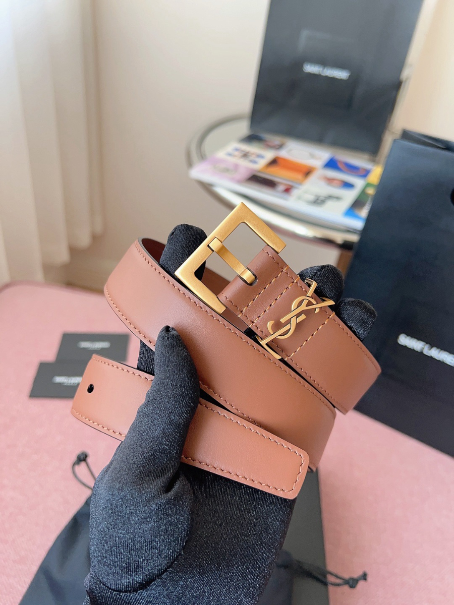 SAINT LAURENT Monogram Leather Belt Brown 생로랑 모노그램 가죽 벨트 브라운 3cm 폭 1