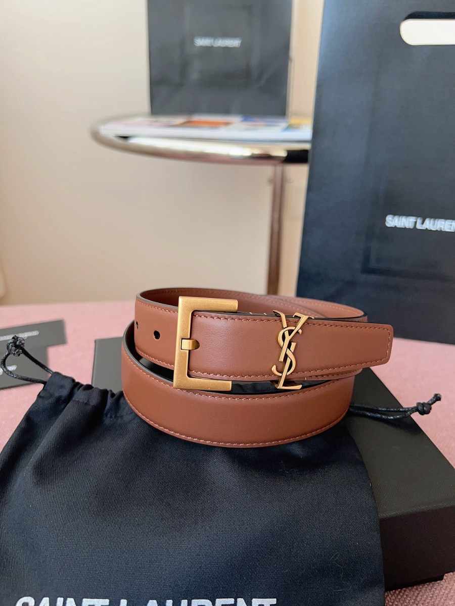 SAINT LAURENT Monogram Leather Belt Brown 생로랑 모노그램 가죽 벨트 브라운 3cm 폭 2