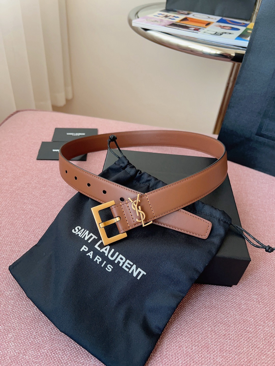SAINT LAURENT Monogram Leather Belt Brown 생로랑 모노그램 가죽 벨트 브라운 3cm 폭 3