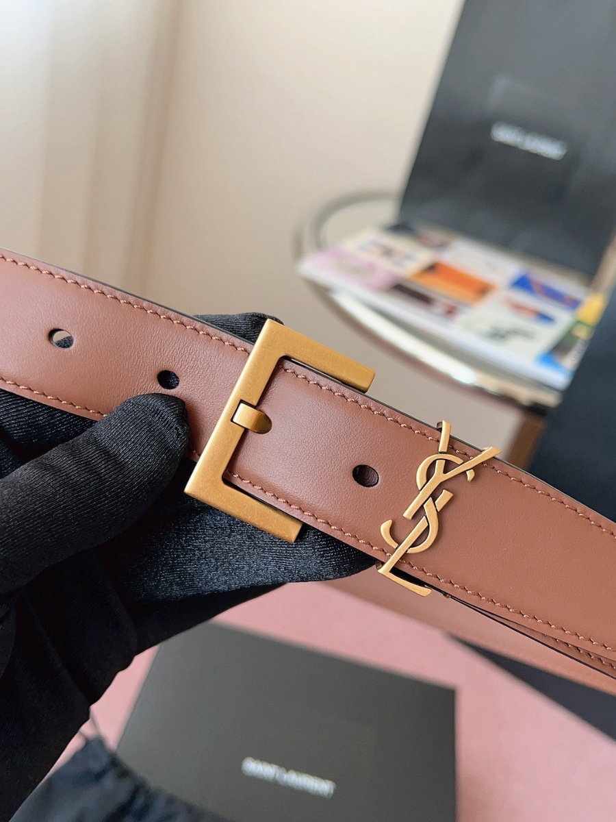 SAINT LAURENT Monogram Leather Belt Brown 생로랑 모노그램 가죽 벨트 브라운 3cm 폭 5