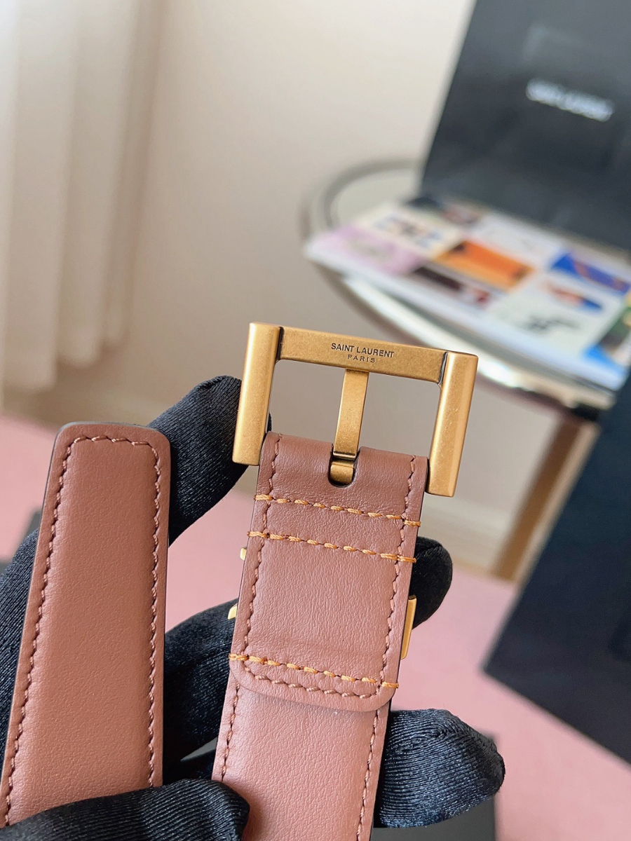 SAINT LAURENT Monogram Leather Belt Brown 생로랑 모노그램 가죽 벨트 브라운 3cm 폭 8