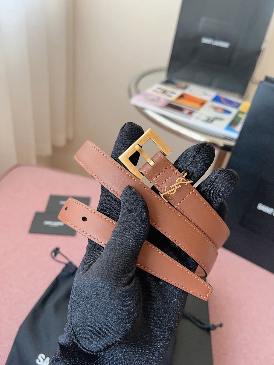 SAINT LAURENT Monogram Leather Belt Brown 생로랑 모노그램 가죽 벨트 브라운 2cm 폭 1