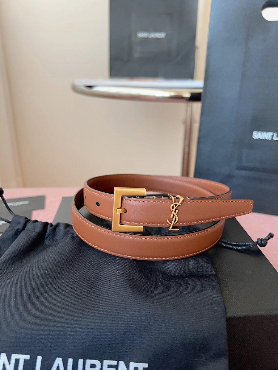 SAINT LAURENT Monogram Leather Belt Brown 생로랑 모노그램 가죽 벨트 브라운 2cm 폭 2