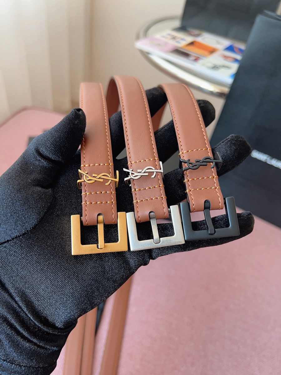 SAINT LAURENT Monogram Leather Belt Brown 생로랑 모노그램 가죽 벨트 브라운 2cm 폭 9