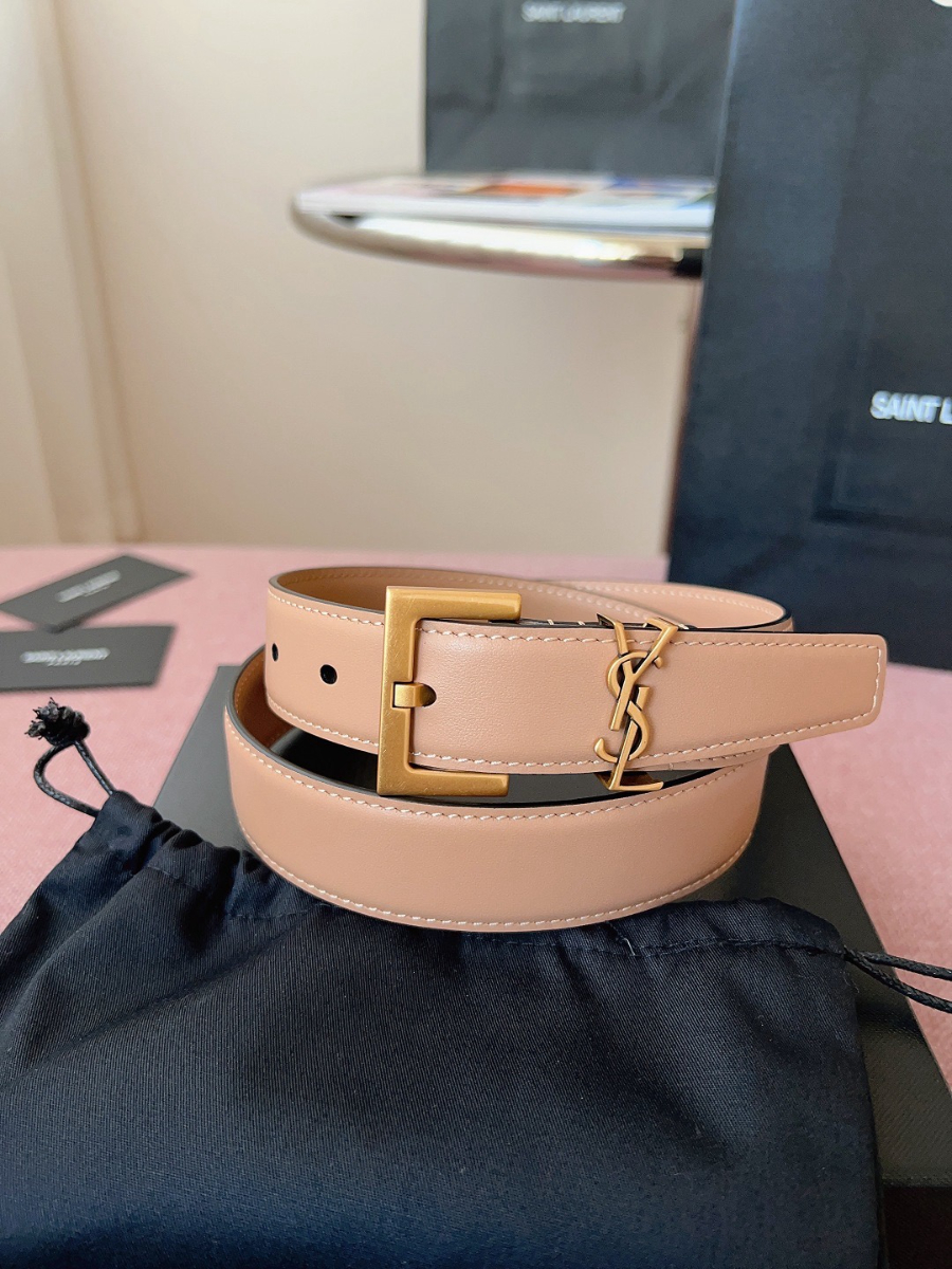 SAINT LAURENT Monogram Leather Belt Brown 생로랑 모노그램 가죽 벨트 핑크 3cm 폭 2