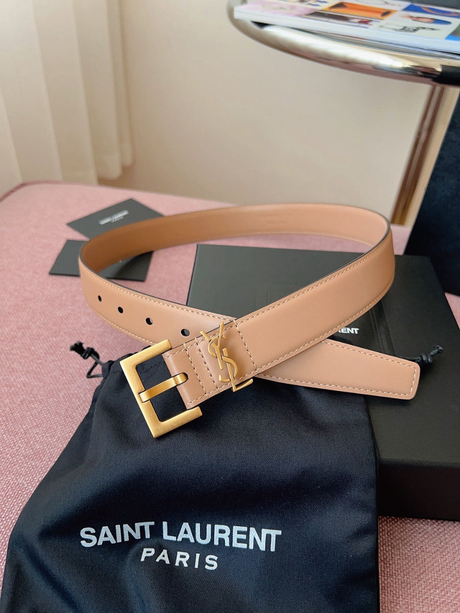 SAINT LAURENT Monogram Leather Belt Brown 생로랑 모노그램 가죽 벨트 핑크 3cm 폭 3