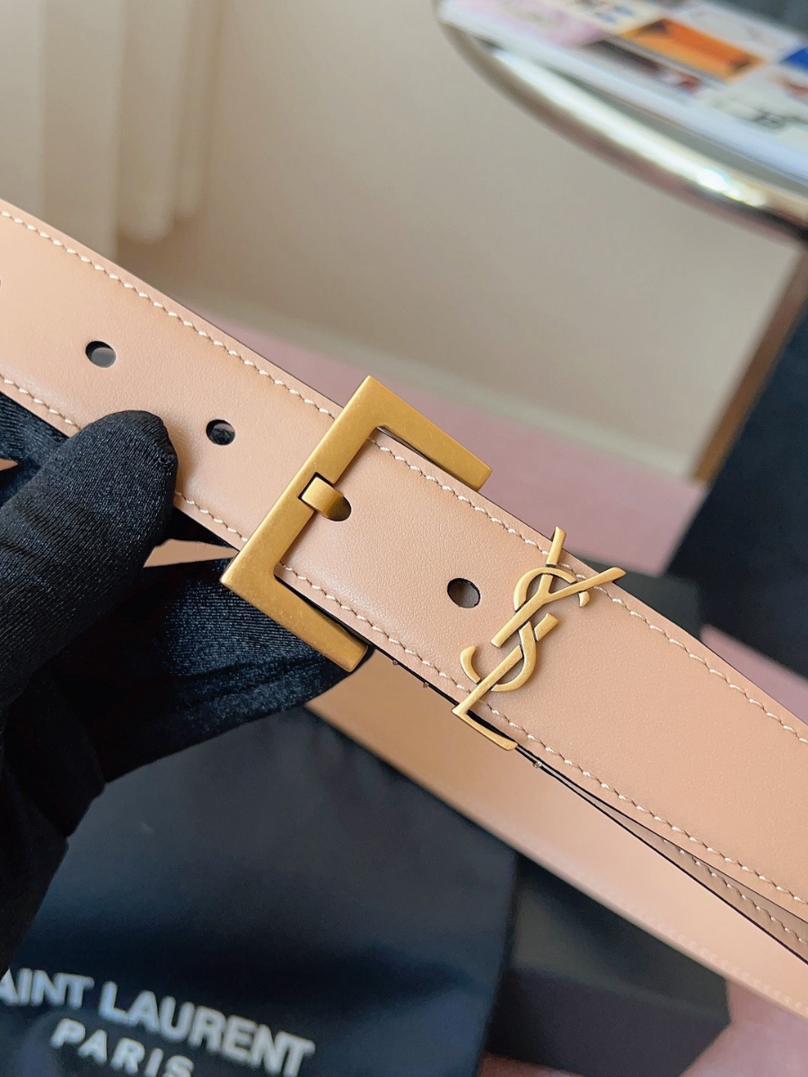 SAINT LAURENT Monogram Leather Belt Brown 생로랑 모노그램 가죽 벨트 핑크 3cm 폭 5