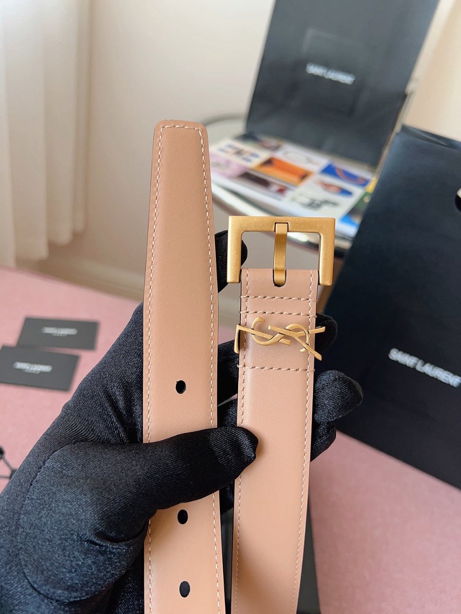 SAINT LAURENT Monogram Leather Belt Brown 생로랑 모노그램 가죽 벨트 핑크 3cm 폭 6