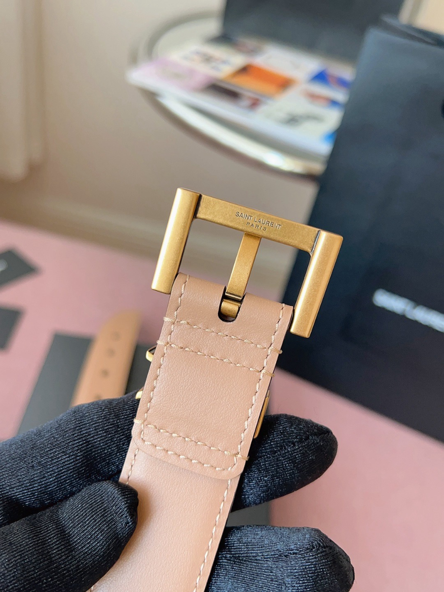 SAINT LAURENT Monogram Leather Belt Brown 생로랑 모노그램 가죽 벨트 핑크 3cm 폭 8