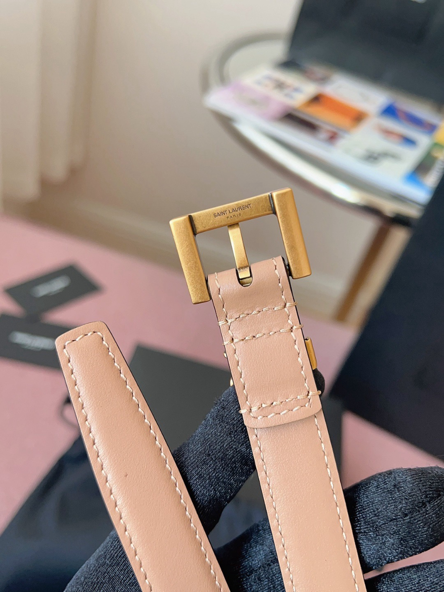 SAINT LAURENT Monogram Leather Belt Brown 생로랑 모노그램 가죽 벨트 핑크 2cm 폭 8