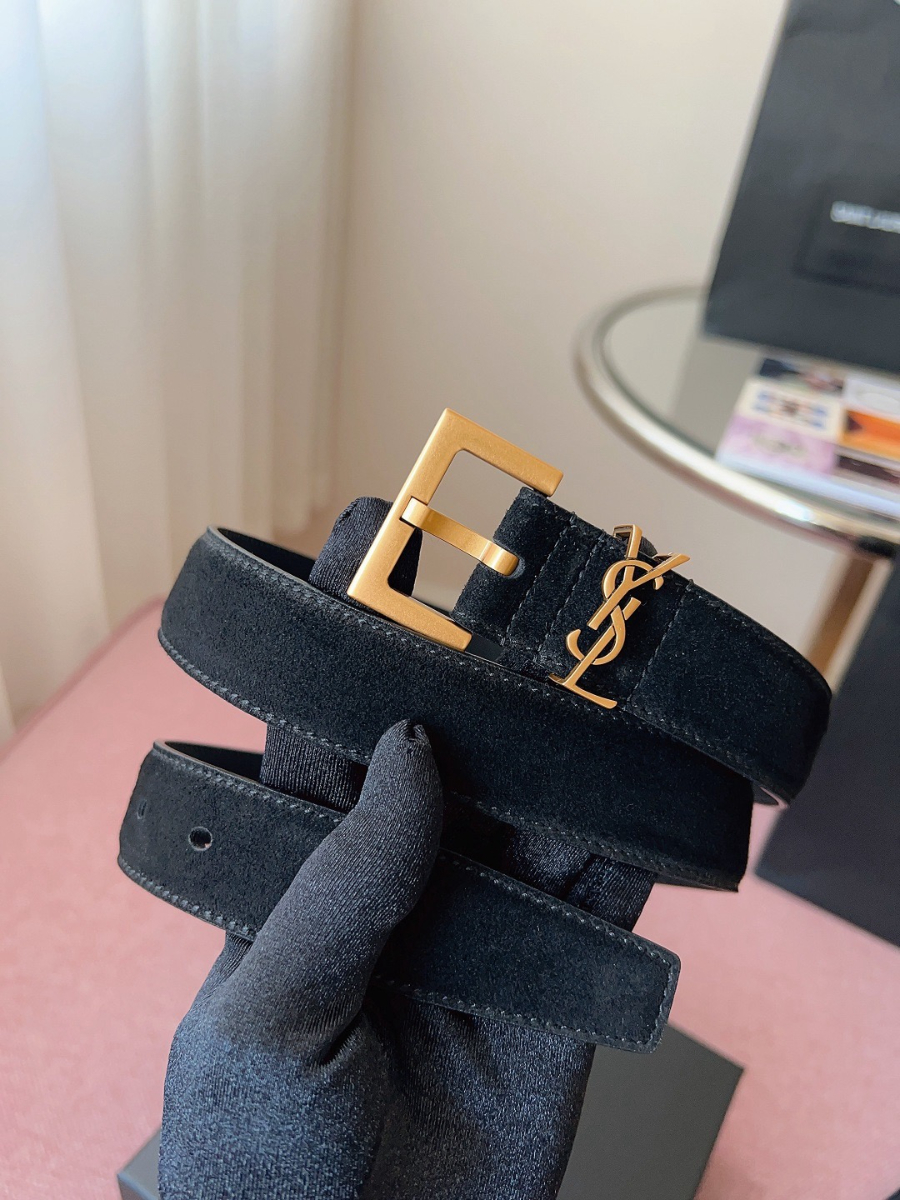 SAINT LAURENT Suede Monogram Leather Belt 생로랑 스웨이드 모노그램 가죽 벨트 3cm폭 브라운 골드버클 1