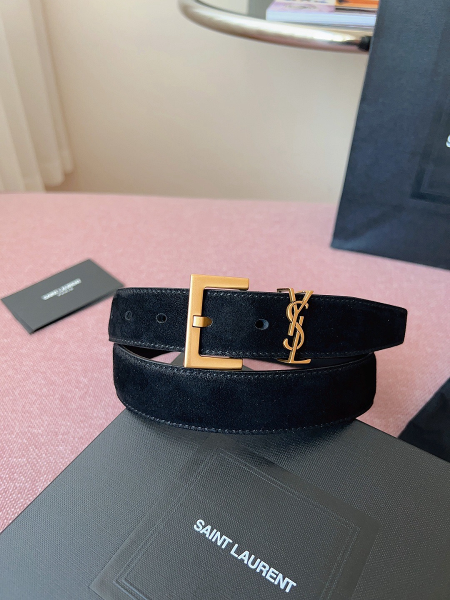 SAINT LAURENT Suede Monogram Leather Belt Black 생로랑 스웨이드 모노그램 가죽 벨트 3cm폭 골드버클 2