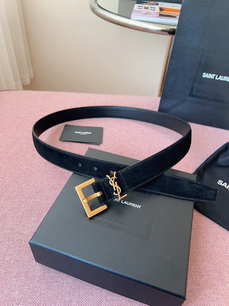 SAINT LAURENT Suede Monogram Leather Belt Black 생로랑 스웨이드 모노그램 가죽 벨트 3cm폭 골드버클 3