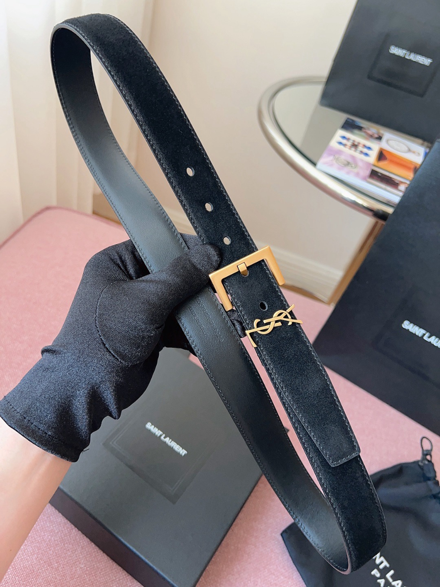 SAINT LAURENT Suede Monogram Leather Belt 생로랑 스웨이드 모노그램 가죽 벨트 3cm폭 브라운 골드버클 4