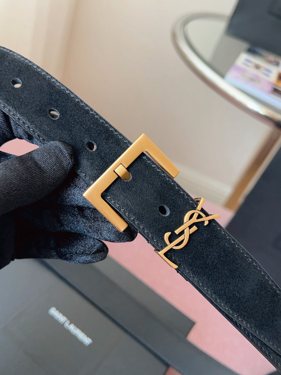 SAINT LAURENT Suede Monogram Leather Belt 생로랑 스웨이드 모노그램 가죽 벨트 3cm폭 브라운 골드버클 5