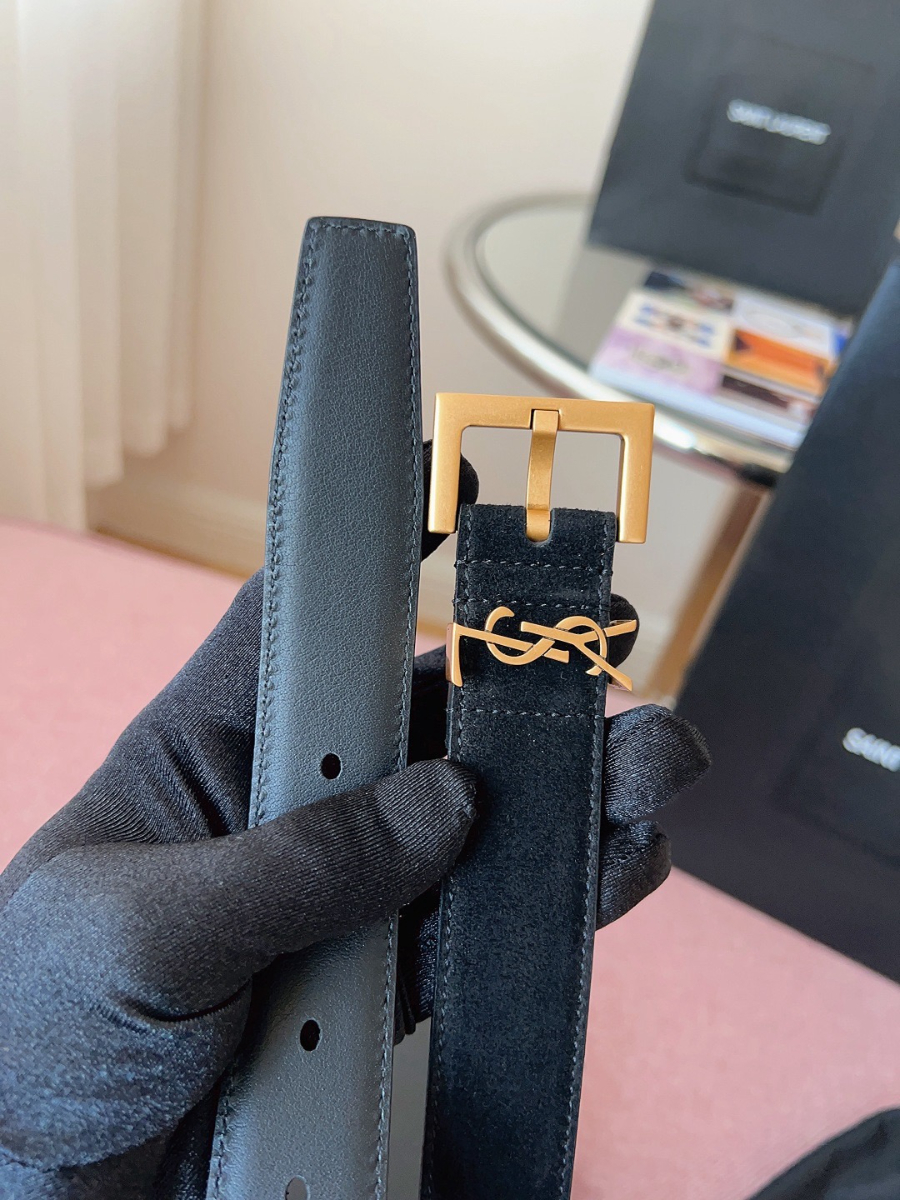 SAINT LAURENT Suede Monogram Leather Belt 생로랑 스웨이드 모노그램 가죽 벨트 3cm폭 브라운 골드버클 6