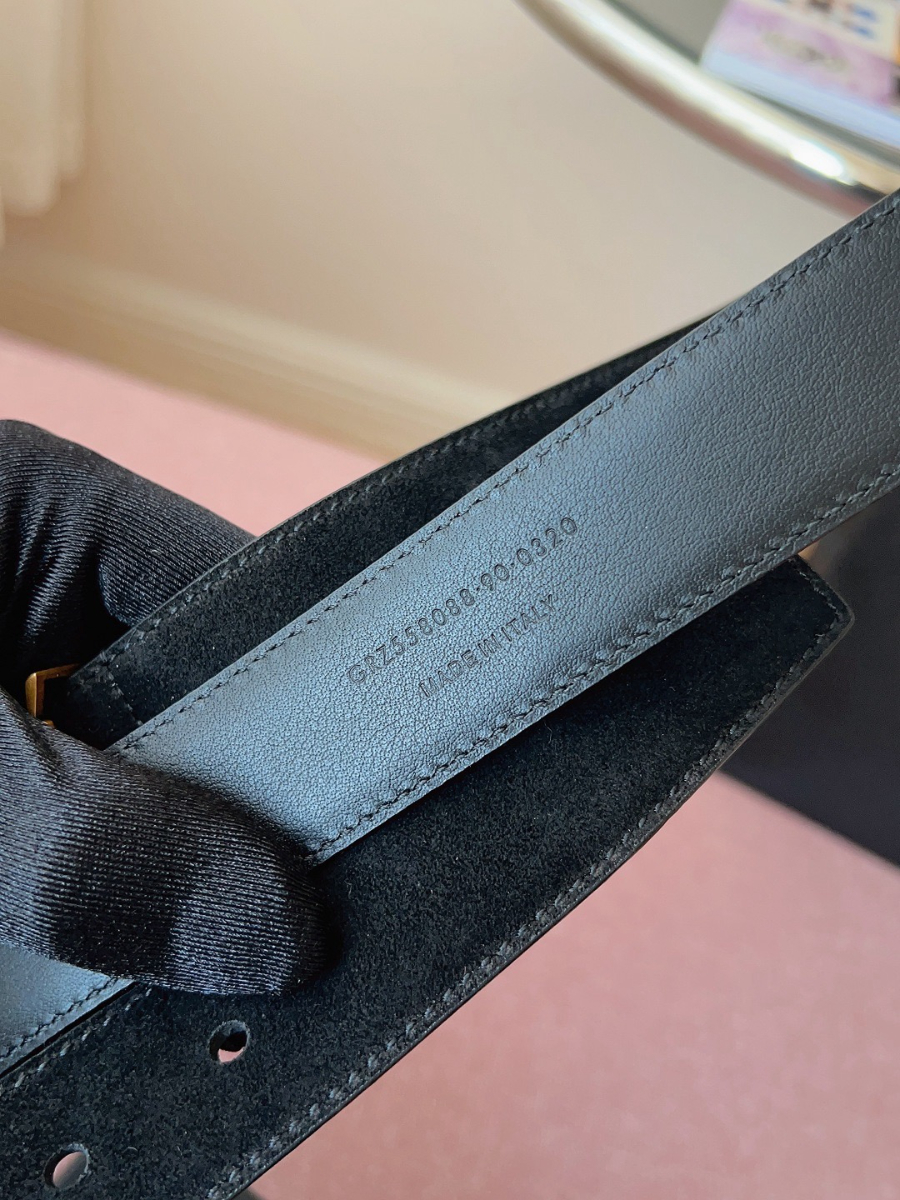 SAINT LAURENT Suede Monogram Leather Belt Black 생로랑 스웨이드 모노그램 가죽 벨트 3cm폭 골드버클 7