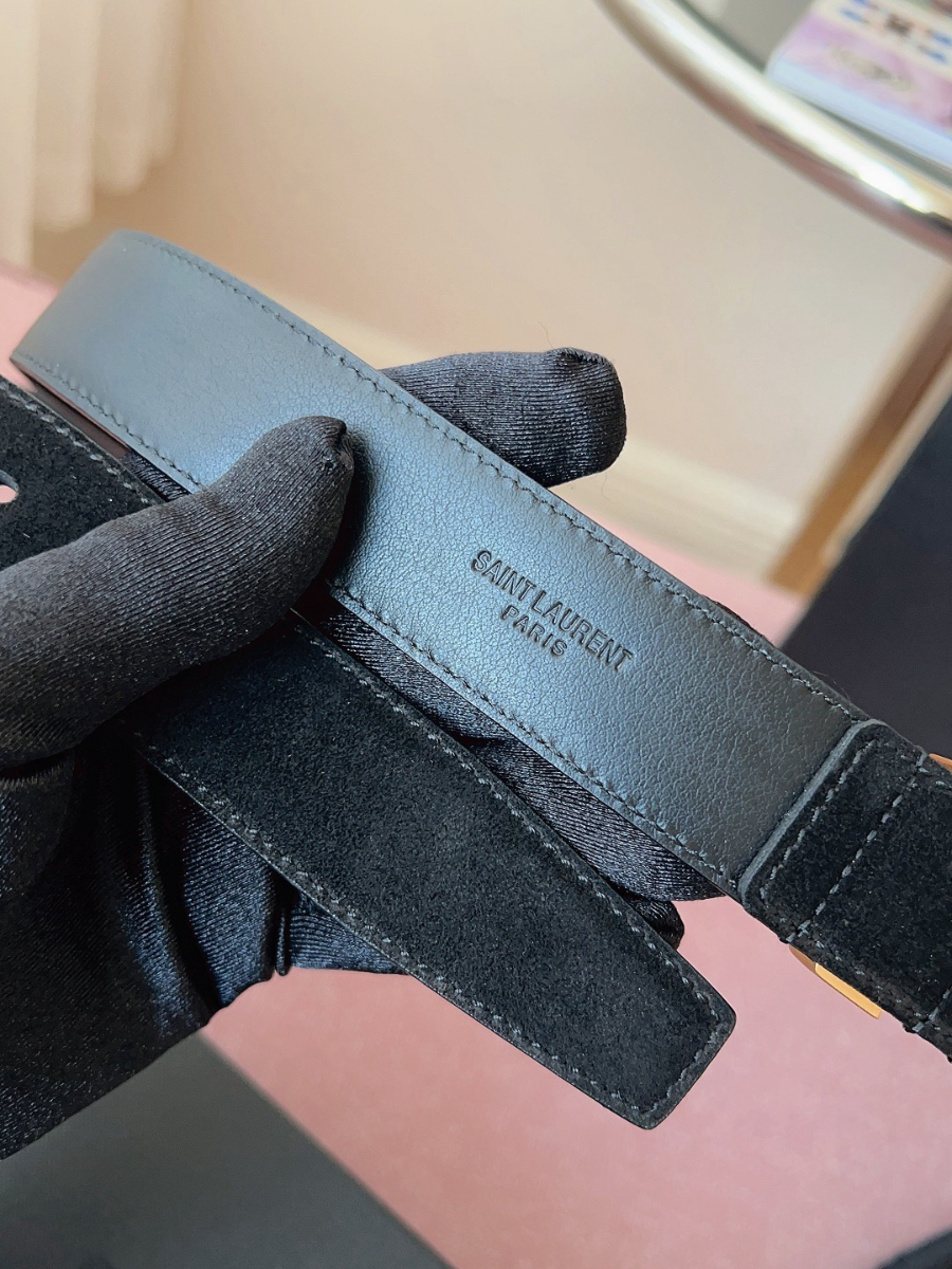 SAINT LAURENT Suede Monogram Leather Belt Black 생로랑 스웨이드 모노그램 가죽 벨트 3cm폭 골드버클 8