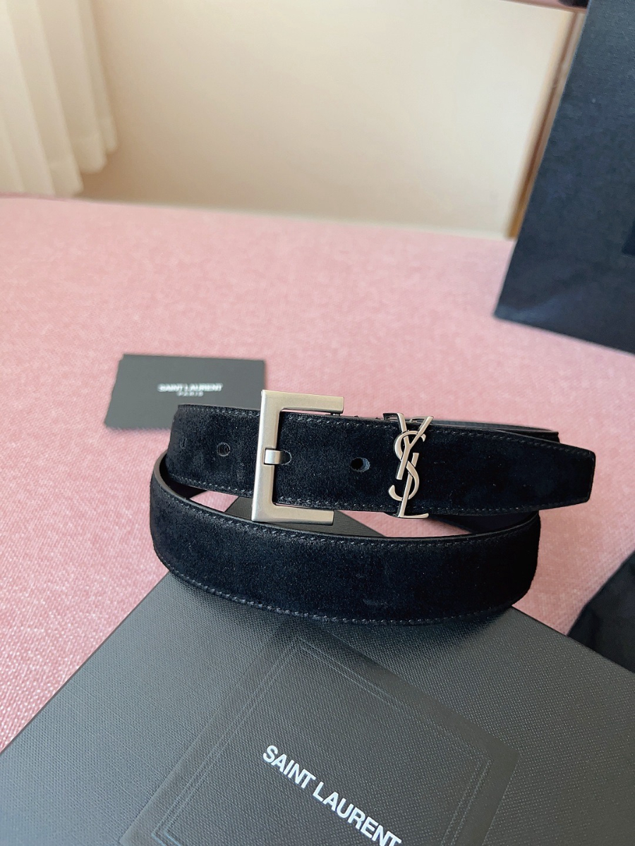SAINT LAURENT Suede Monogram Leather Belt Black 생로랑 스웨이드 모노그램 가죽 벨트 3cm폭 실버버클 2