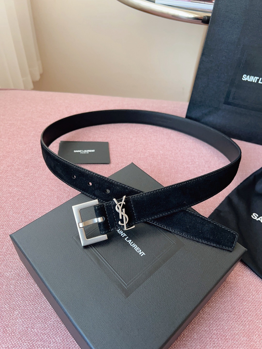 SAINT LAURENT Suede Monogram Leather Belt Black 생로랑 스웨이드 모노그램 가죽 벨트 3cm폭 실버버클 3