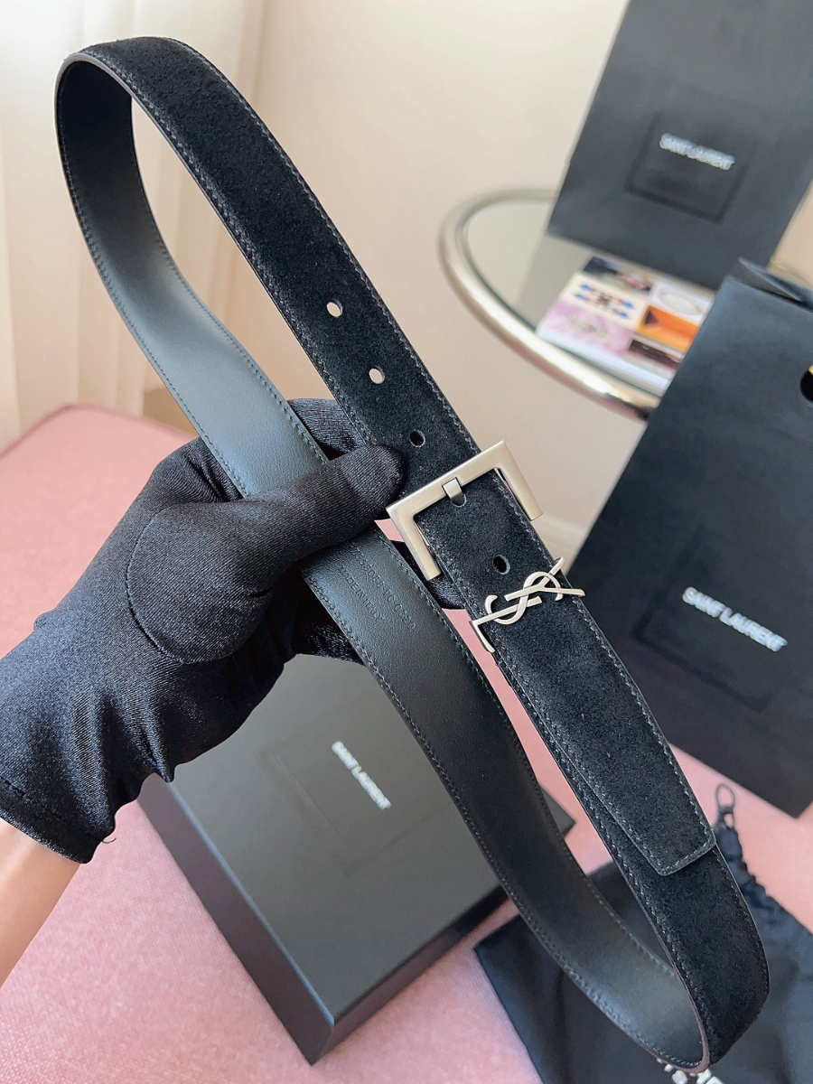 SAINT LAURENT Suede Monogram Leather Belt Black 생로랑 스웨이드 모노그램 가죽 벨트 3cm폭 실버버클 4
