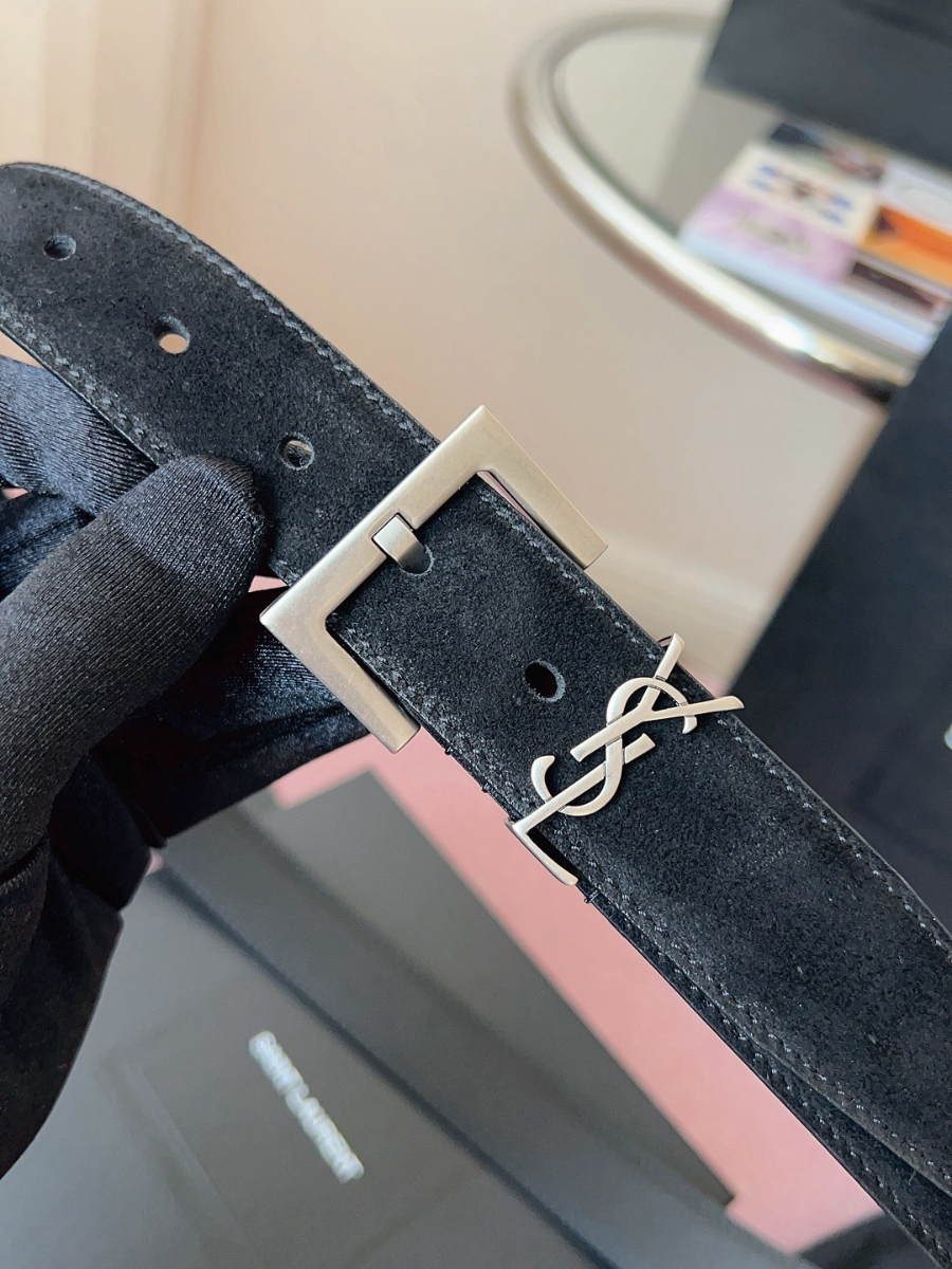 SAINT LAURENT Suede Monogram Leather Belt Black 생로랑 스웨이드 모노그램 가죽 벨트 3cm폭 실버버클 5