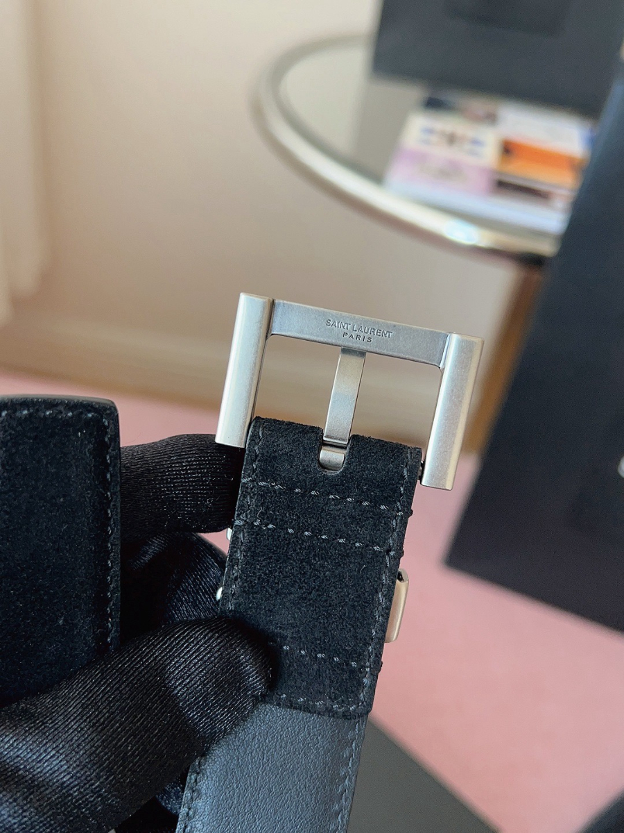 SAINT LAURENT Suede Monogram Leather Belt Black 생로랑 스웨이드 모노그램 가죽 벨트 3cm폭 실버버클 7