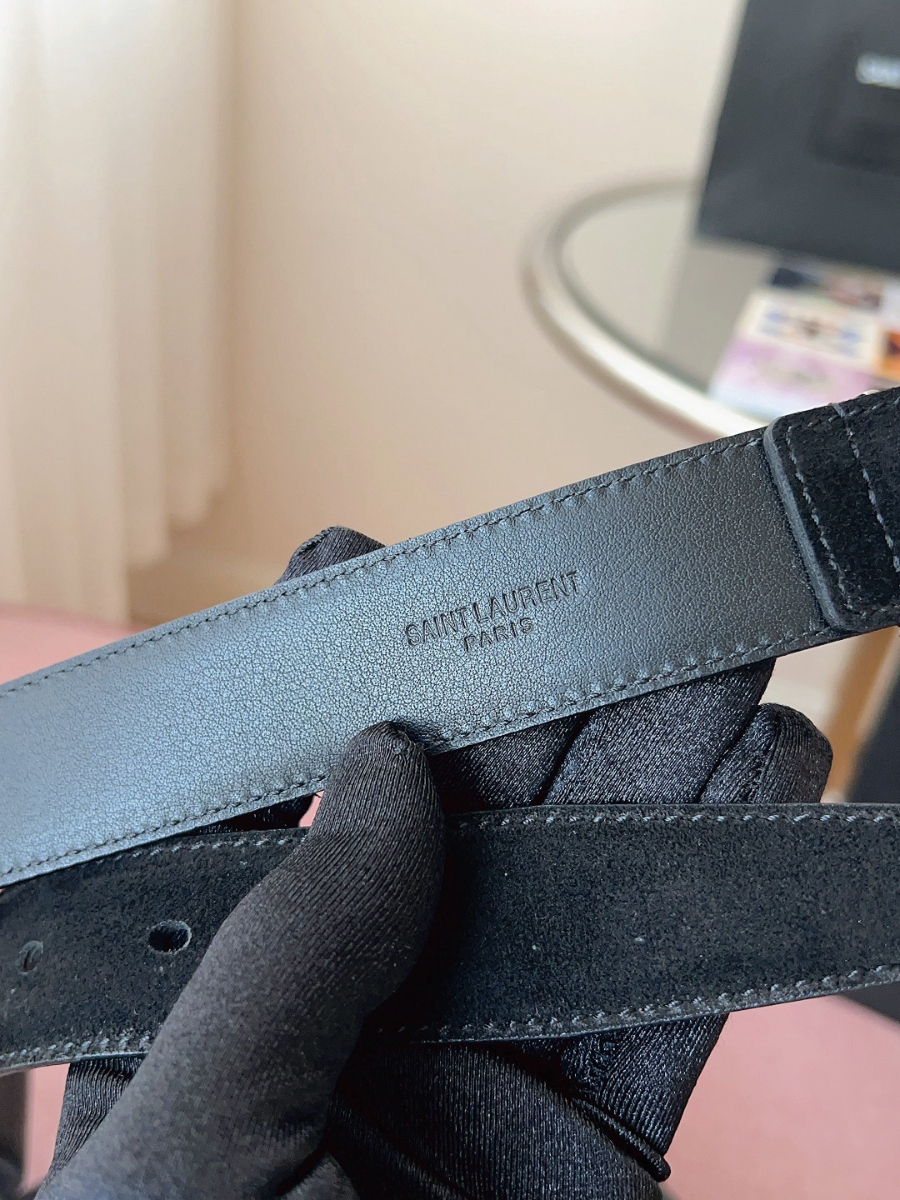SAINT LAURENT Suede Monogram Leather Belt Black 생로랑 스웨이드 모노그램 가죽 벨트 3cm폭 실버버클 8