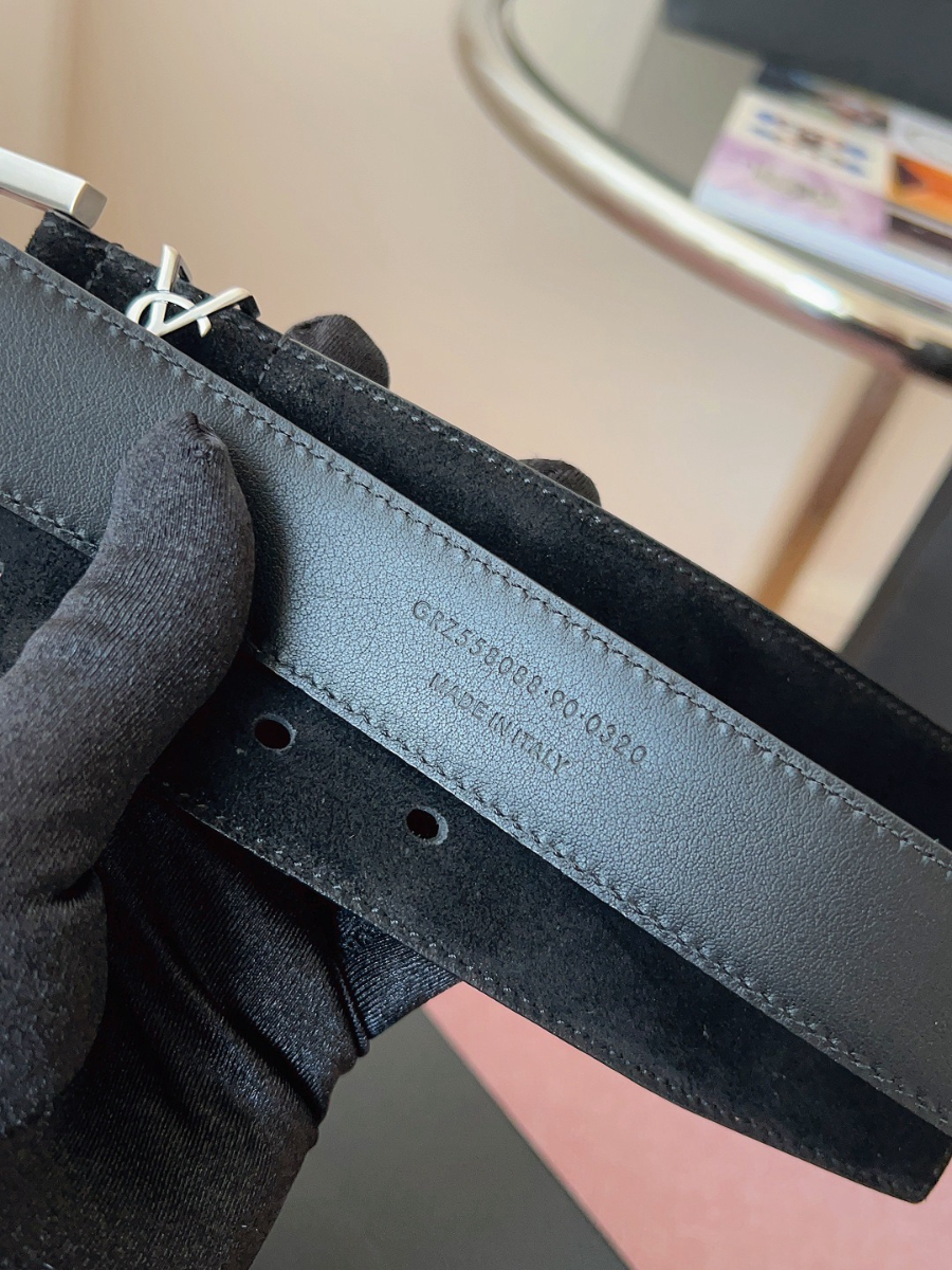 SAINT LAURENT Suede Monogram Leather Belt Black 생로랑 스웨이드 모노그램 가죽 벨트 3cm폭 실버버클 9