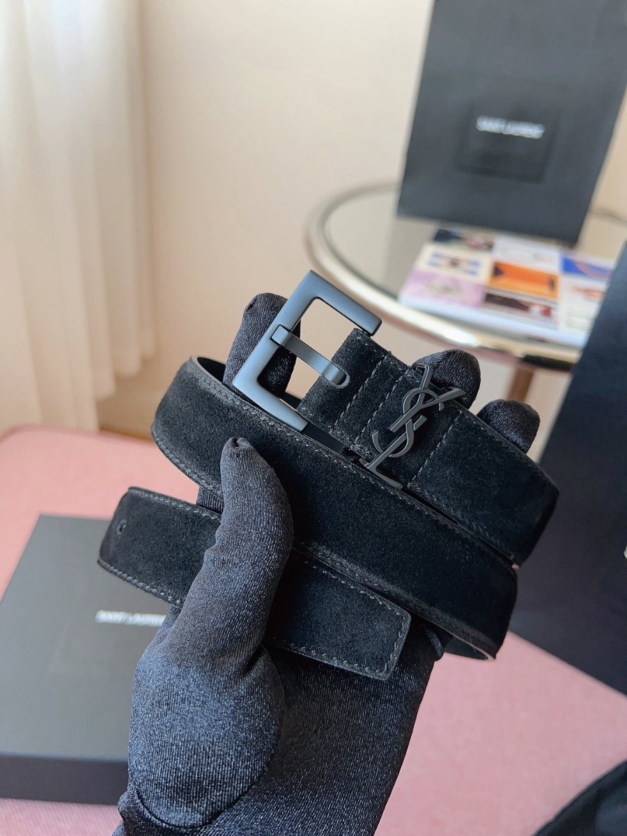 SAINT LAURENT Suede Monogram Leather Belt Black 생로랑 스웨이드 모노그램 가죽 벨트 3cm폭 블랙버클 1