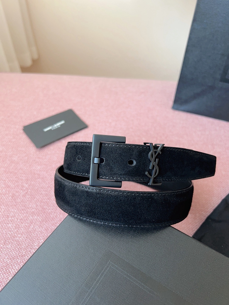 SAINT LAURENT Suede Monogram Leather Belt Black 생로랑 스웨이드 모노그램 가죽 벨트 3cm폭 블랙버클 2