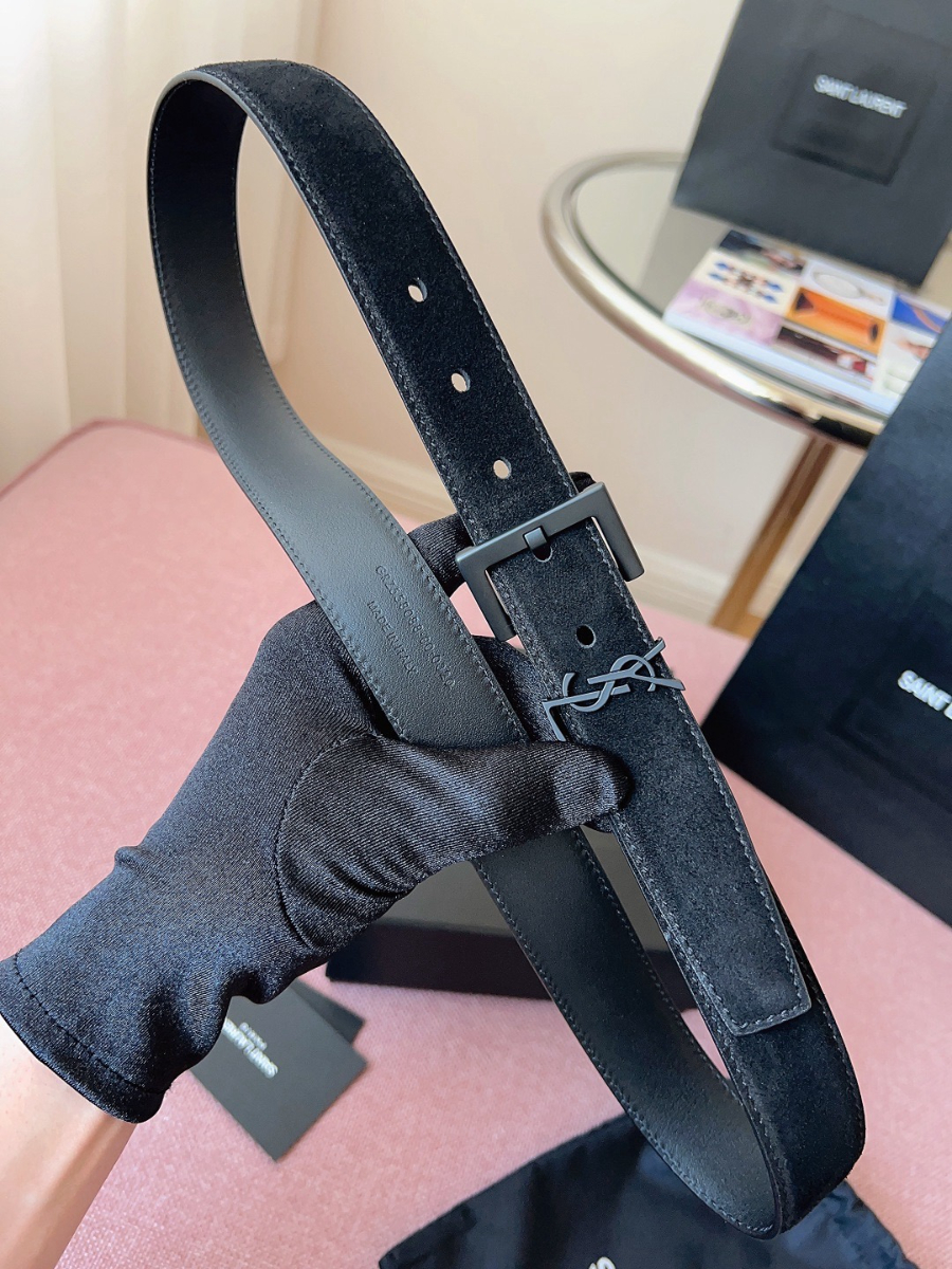 SAINT LAURENT Suede Monogram Leather Belt Black 생로랑 스웨이드 모노그램 가죽 벨트 3cm폭 블랙버클 3