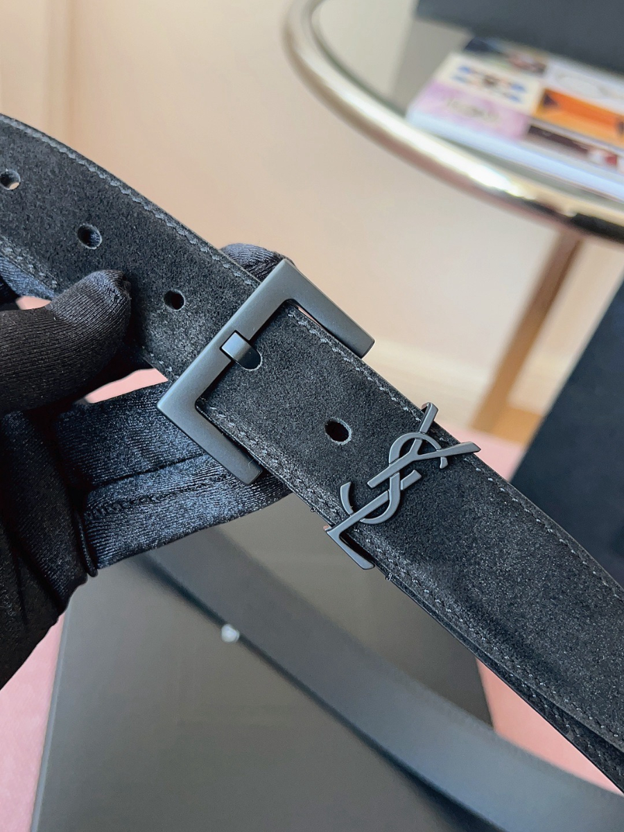 SAINT LAURENT Suede Monogram Leather Belt Black 생로랑 스웨이드 모노그램 가죽 벨트 3cm폭 블랙버클 4