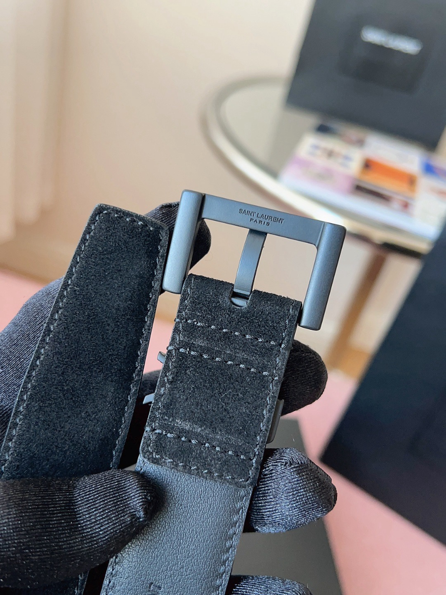 SAINT LAURENT Suede Monogram Leather Belt Black 생로랑 스웨이드 모노그램 가죽 벨트 3cm폭 블랙버클 6