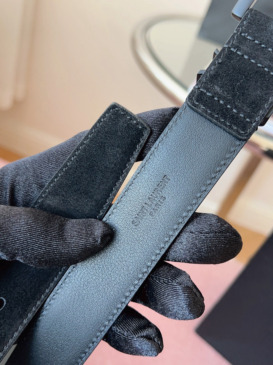 SAINT LAURENT Suede Monogram Leather Belt Black 생로랑 스웨이드 모노그램 가죽 벨트 3cm폭 블랙버클 8