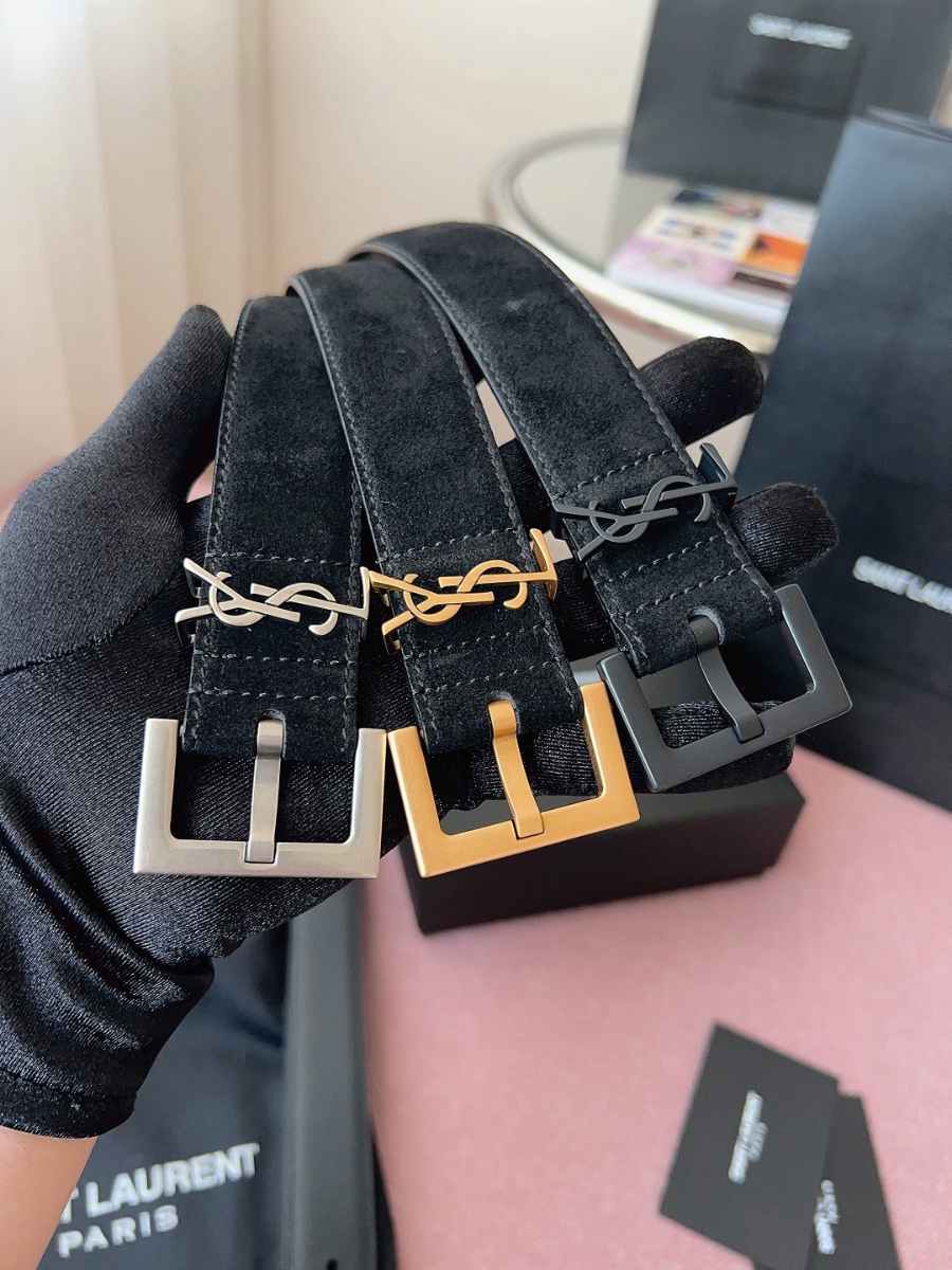 SAINT LAURENT Suede Monogram Leather Belt Black 생로랑 스웨이드 모노그램 가죽 벨트 3cm폭 블랙버클 9