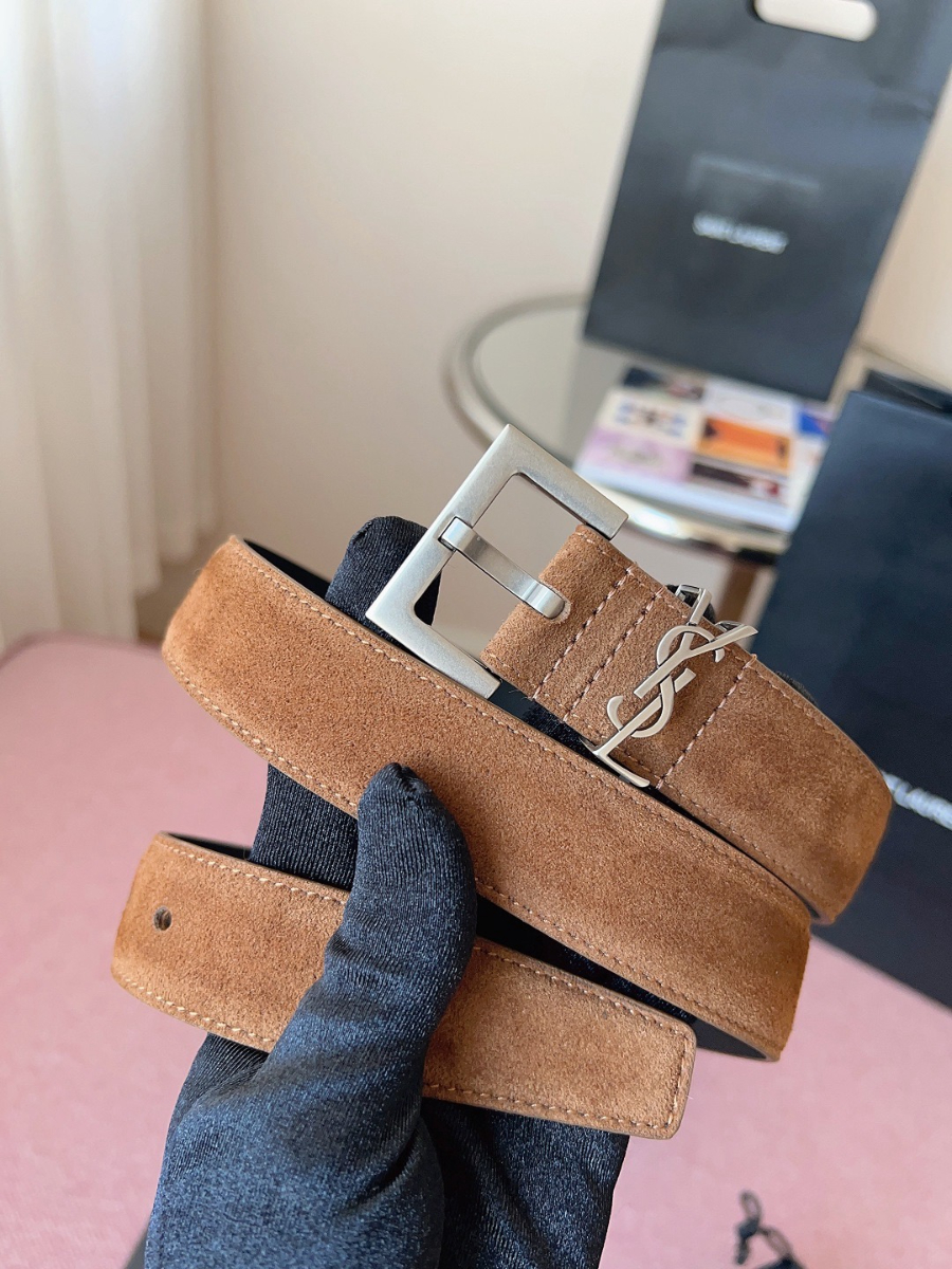 SAINT LAURENT Suede Monogram Leather Belt 생로랑 스웨이드 모노그램 가죽 벨트 3cm폭 브라운 실버버클 1