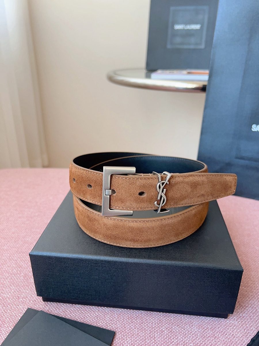 SAINT LAURENT Suede Monogram Leather Belt 생로랑 스웨이드 모노그램 가죽 벨트 3cm폭 브라운 실버버클 2