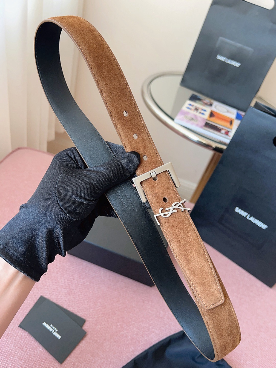 SAINT LAURENT Suede Monogram Leather Belt 생로랑 스웨이드 모노그램 가죽 벨트 3cm폭 브라운 실버버클 3