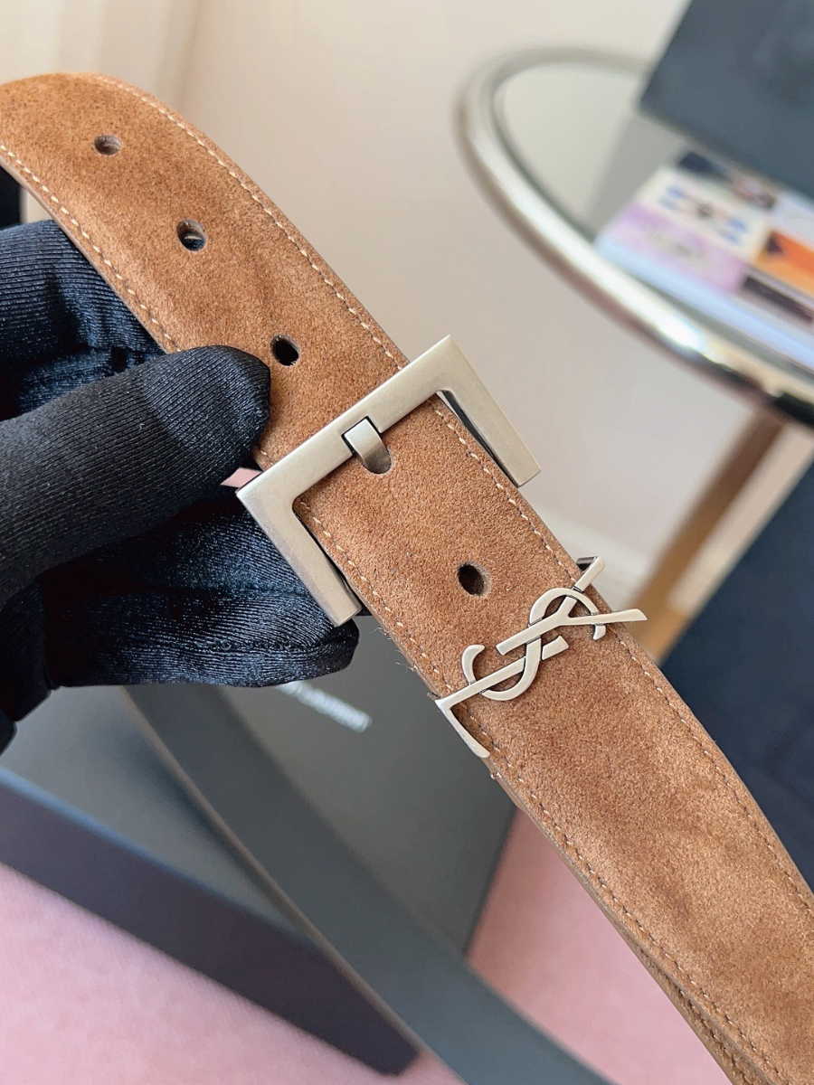 SAINT LAURENT Suede Monogram Leather Belt 생로랑 스웨이드 모노그램 가죽 벨트 3cm폭 브라운 실버버클 4