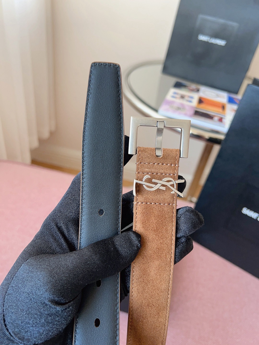SAINT LAURENT Suede Monogram Leather Belt 생로랑 스웨이드 모노그램 가죽 벨트 3cm폭 브라운 실버버클 5