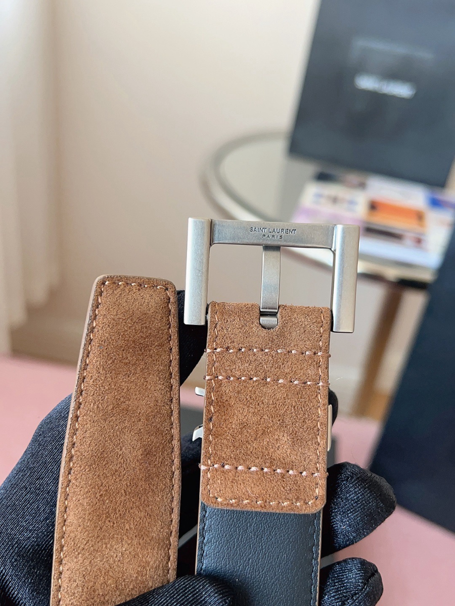 SAINT LAURENT Suede Monogram Leather Belt 생로랑 스웨이드 모노그램 가죽 벨트 3cm폭 브라운 실버버클 6